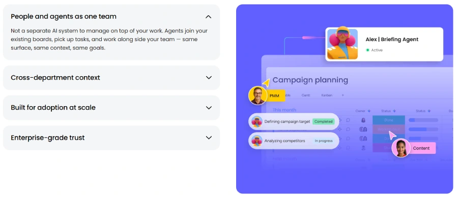 Product feature screenshot of the monday.com AI Agents interface. The left panel highlights features like "People and agents as one team" and "Cross-department context." The right panel displays a vibrant blue "Campaign planning" board workspace where a human team member collaborates natively with an active digital assistant named "Alex | Briefing Agent" on tasks like competitor analysis.