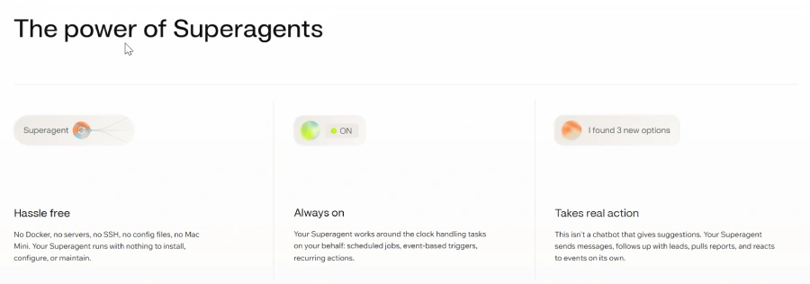 Minimalist feature breakdown webpage titled "The power of Superagents" by Base44. Three clean column panels describe the engine's core capabilities: "Hassle free" highlighting zero server or container configuration setup, "Always on" explaining continuous event-based workflow triggers, and "Takes real action" detailing autonomous lead follow-ups and automated reporting without human interaction.