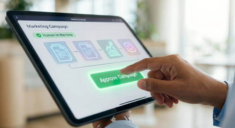 A close-up of a marketing professional’s hand clicking a large, glowing green 'Approve Campaign' button on a modern tablet interface, symbolizing human-in-the-loop governance for AI marketing agents.