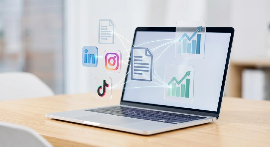 Floating 3D minimalist icons for social media, content creation, and analytics syncing above an open laptop, powered by integrated AI marketing tools.