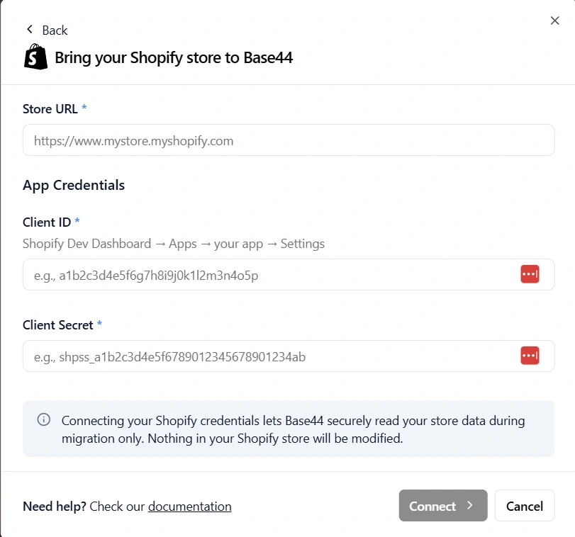 Base44 platform migration setup screen modal titled "Bring your Shopify store to Base44" showing entry fields for Store URL, Client ID, and Client Secret.