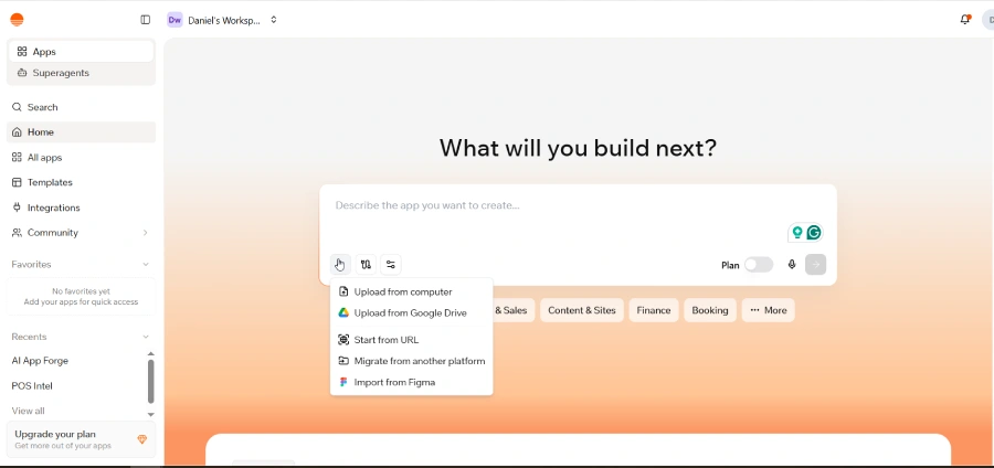 Base44 user dashboard home page showing the main AI prompt box with a dropdown menu open and the option "Migrate from another platform" selected.