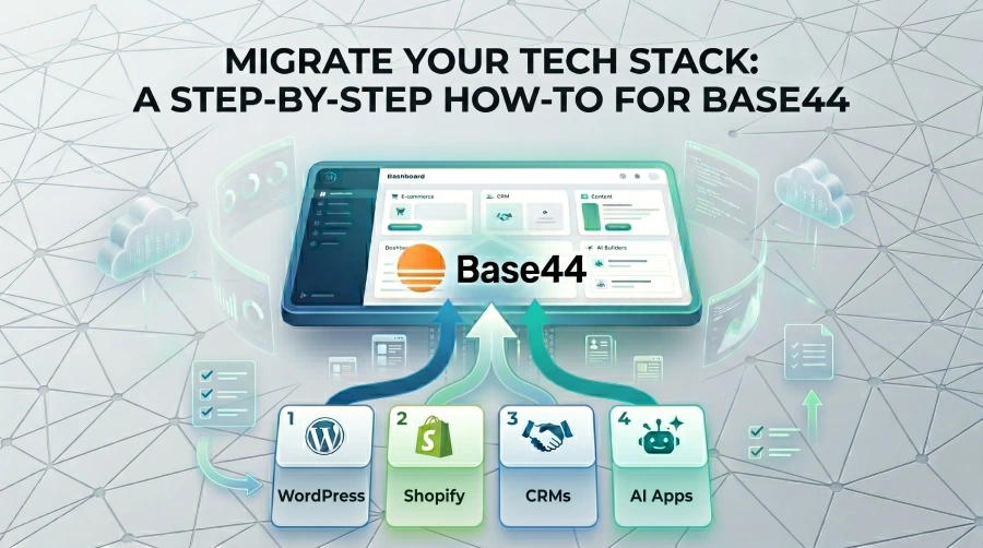 Minimalist step-by-step tech infographic thumbnail titled "Migrate Your Tech Stack: A Step-by-Step How-To for Base44" showing icons for WordPress, Shopify, CRMs, and AI Apps feeding into a central Base44 dashboard layout.