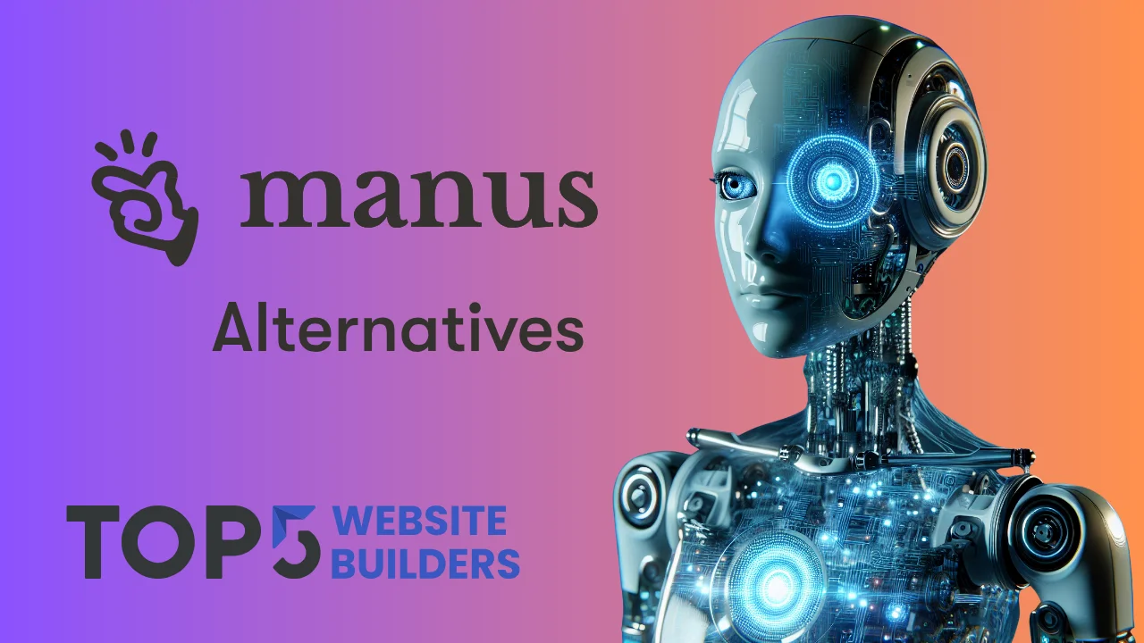 Top 5 Manus AI Alternatives article thumbnail featuring an advanced robotic android head with a glowing blue digital eye next to the text Manus Alternatives and Top 5 Website Builders logo on a purple and orange gradient background