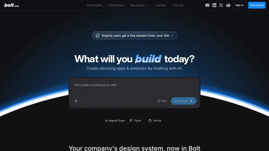Bolt AI builder homepage with a prompt interface asking 'What will you build today?' and Plan and Build now buttons