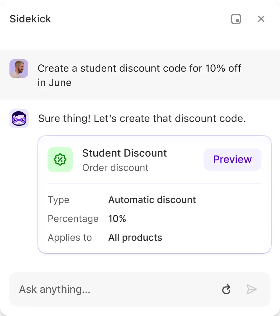 Shopify Sidekick AI chat interface creating a student discount code, showing the AI responding with a discount preview card