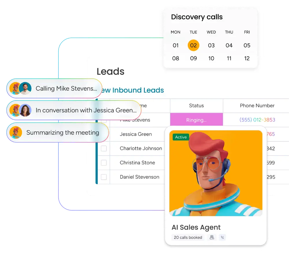 monday.com AI agent managing a sales leads pipeline, showing automated call tasks and a live discovery calls calendar