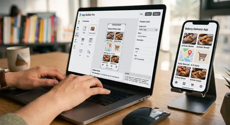 Person using an AI app builder to generate a mobile app from a text prompt on a laptop
