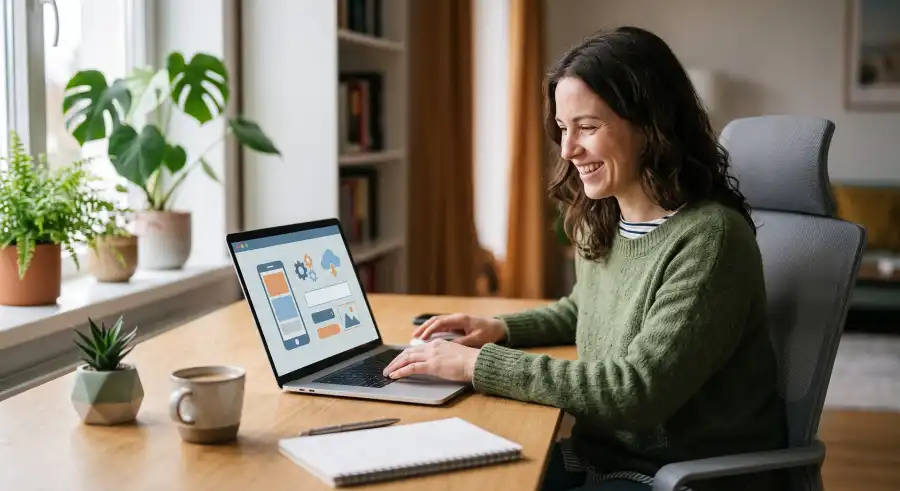 Person building a mobile app for free using an AI app builder on a laptop