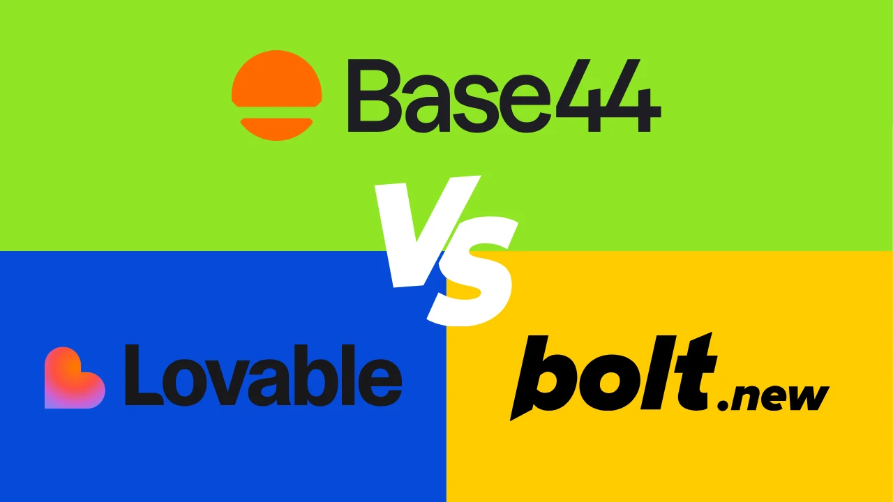 Article thumbnail featuring the Base44 logo on a light green top section, the Lovable logo on a blue bottom-left section, and the bolt.new logo on a yellow bottom-right section, with a white "Vs" centered between them.