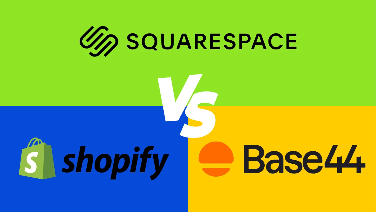 A split-color comparison graphic from the file Squarespace-vs-Shopify-vs-Base44.png, featuring the Squarespace logo on a light green top section, the Shopify logo on a blue bottom-left section, and the Base44 logo on a yellow bottom-right section, with a white "Vs" centered between them.