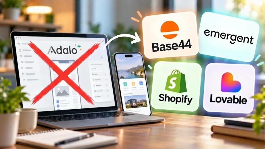 A desk setup with a laptop and smartphone displaying app interfaces. The laptop screen features the Adalo logo crossed out with a large red X. A white arrow points from the laptop to four floating app logos on the right: Base44, emergent, Shopify, and Lovable.