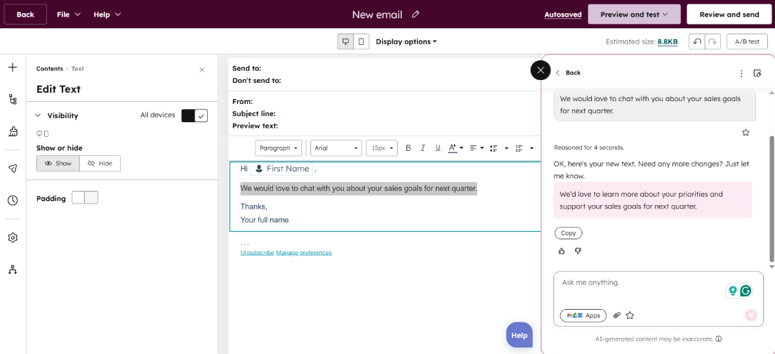 A side-by-side view of the HubSpot email editor and the Breeze AI sidebar, showing a generic sales sentence being rewritten into a more personalized and professional draft.