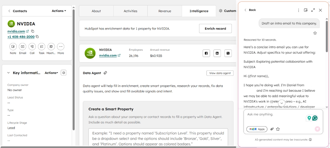 A HubSpot Breeze Copilot conversational interface drafting a concise, personalized introductory email for a prospect at NVIDIA based on CRM data.