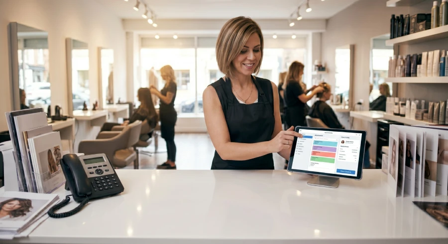 Smiling hair salon manager standing at a clean, modern reception desk effortlessly using a tablet displaying organized scheduling and CRM software, with stylists working in the bright background.