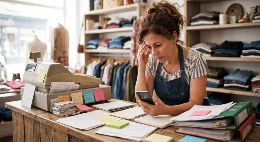 Stressed small business retail owner in a clothing boutique looking at her smartphone while overwhelmed by a cluttered wooden counter covered in disorganized paperwork, sticky notes, and a vintage cash register.