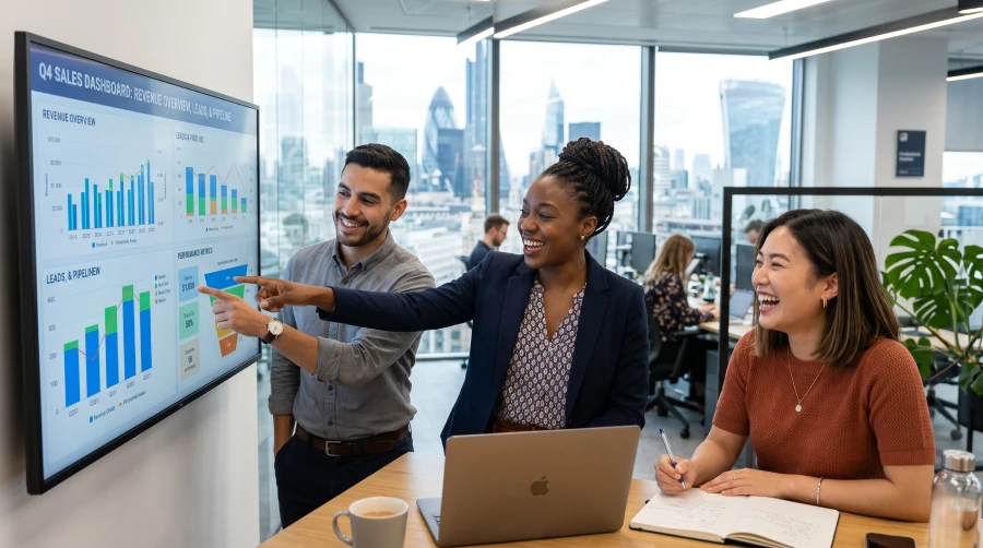 Diverse marketing and sales team collaborating dynamically and reviewing a shared CRM dashboard on a large screen in a modern office.