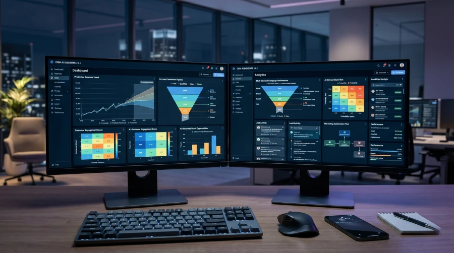 Close up of a modern desktop computer setup displaying sophisticated dark mode CRM software dense with predictive AI analytics and automated sales funnel visualizations.