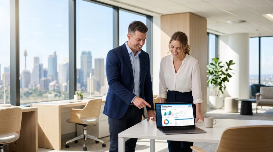 Two professional real estate agents collaborating around a laptop screen displaying property tracking and sales pipelines inside a modern Australian office.