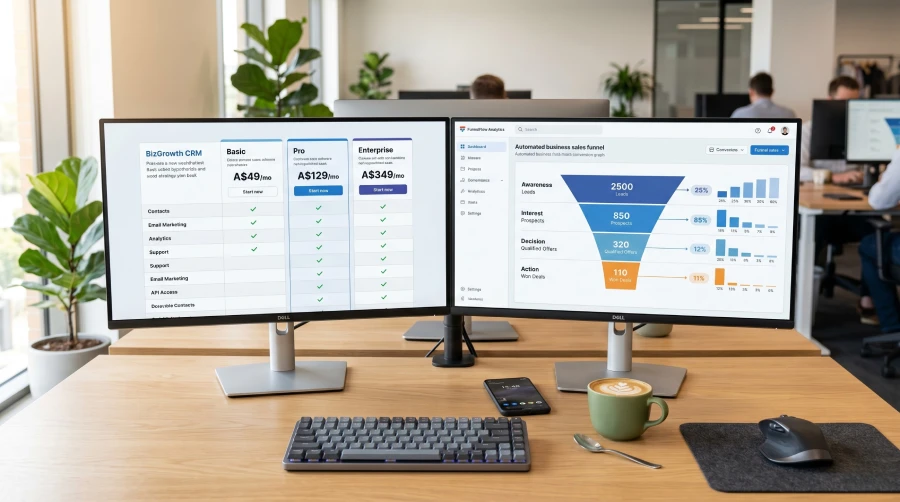 Close up of a modern desktop computer setup showcasing a visual comparison of software tiers and data analytics dashboards.