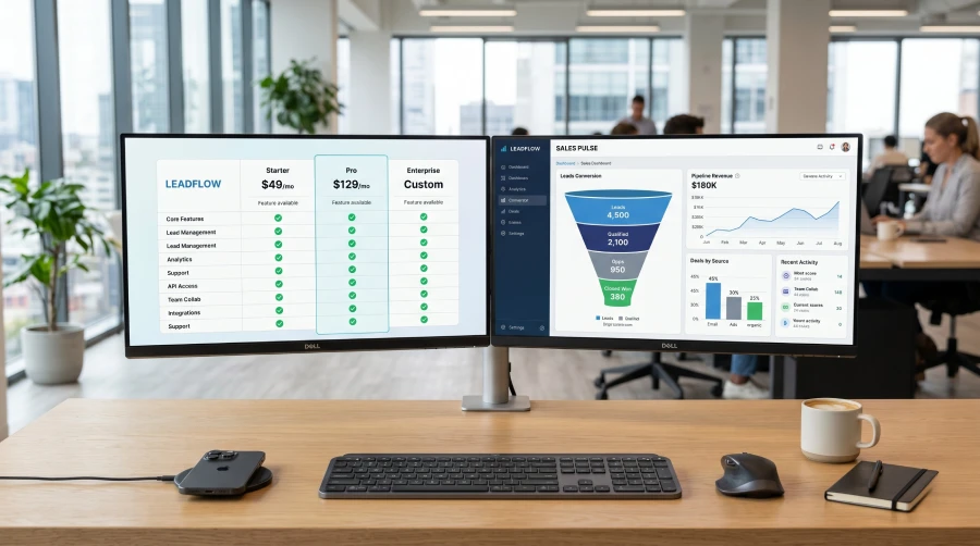 Close up of a modern dual-monitor computer setup displaying software pricing tiers and real estate pipeline data analytics.