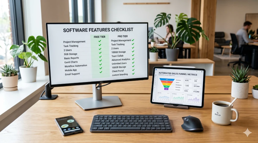 Close up of a modern dual-screen office setup displaying a visual comparison of free CRM software limitations versus paid automation features.