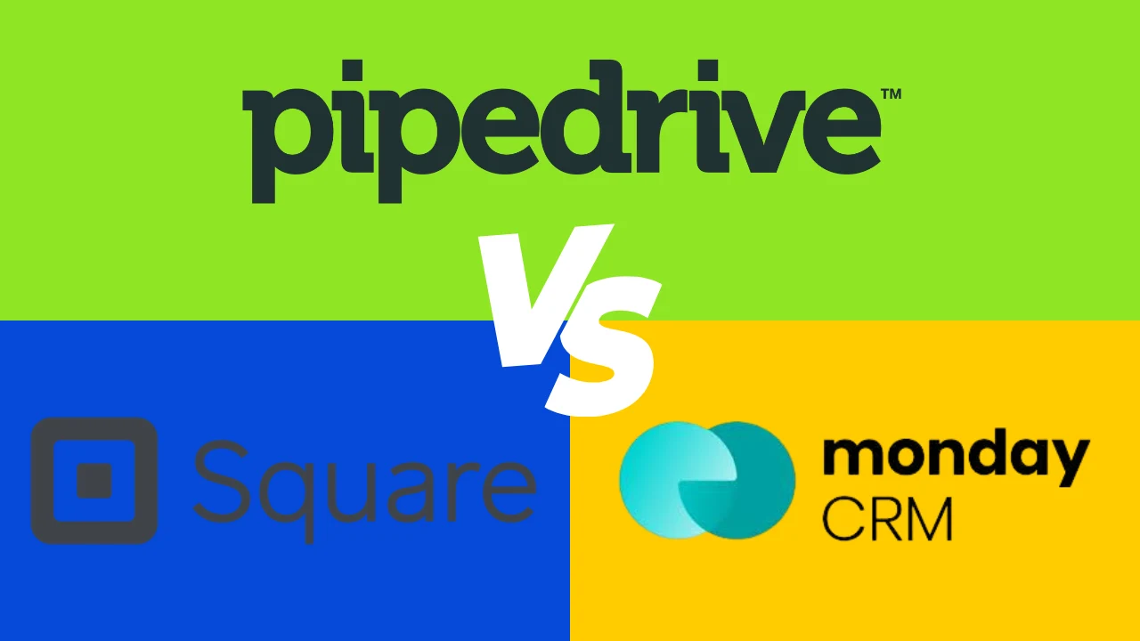 Comparison graphic for Pipedrive vs monday CRM vs Square Customer Directory, showing the Pipedrive logo on a green background, the Square logo on a blue background, and the monday CRM logo on a yellow background, separated by a white 'Vs' in the center.