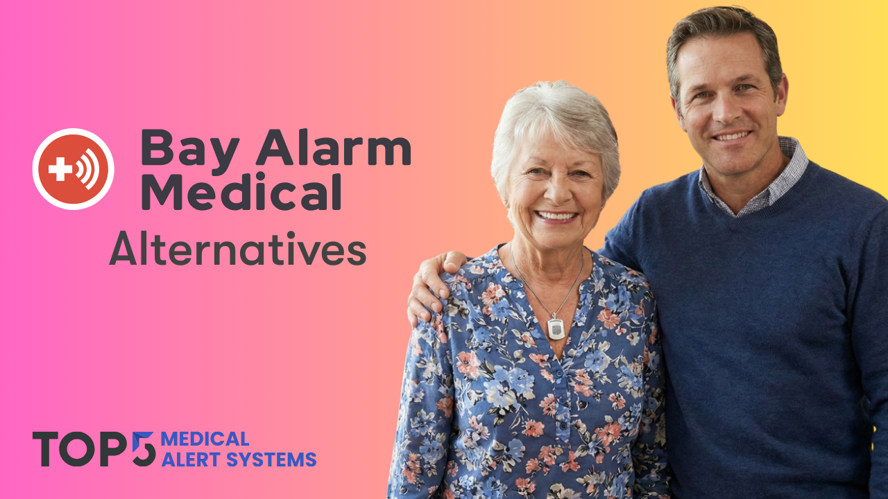 Bay Alarm Medical Alternatives featured image showing a smiling senior woman wearing a medical alert necklace standing with her adult son.