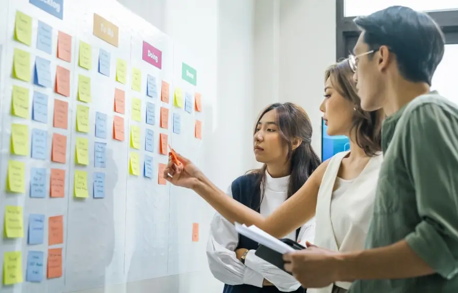 A team using a physical Kanban board