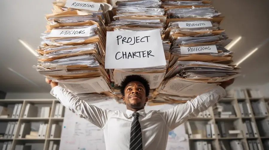 Small business owner defending against excessive revisions by holding up a **Project Charter**, illustrating **how to prevent scope creep**.