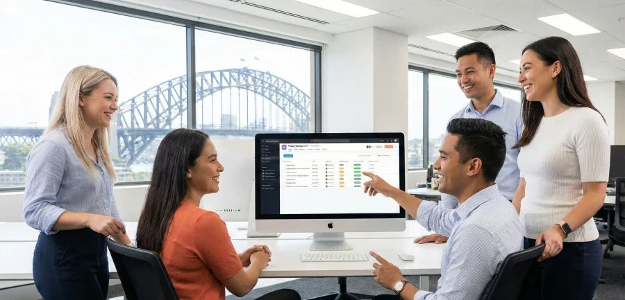A diverse team of five professionals in a modern Sydney office, collaborating around a project management software dashboard on a large screen, with the Sydney Harbour Bridge in the background.