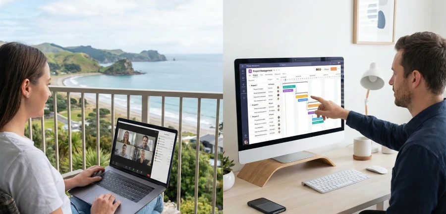 A split-panel photo showing remote collaboration: on the left, a woman working on a laptop on a balcony in New Zealand; on the right, a man in a home office in Melbourne using a desktop computer. Both are using the same project management software.