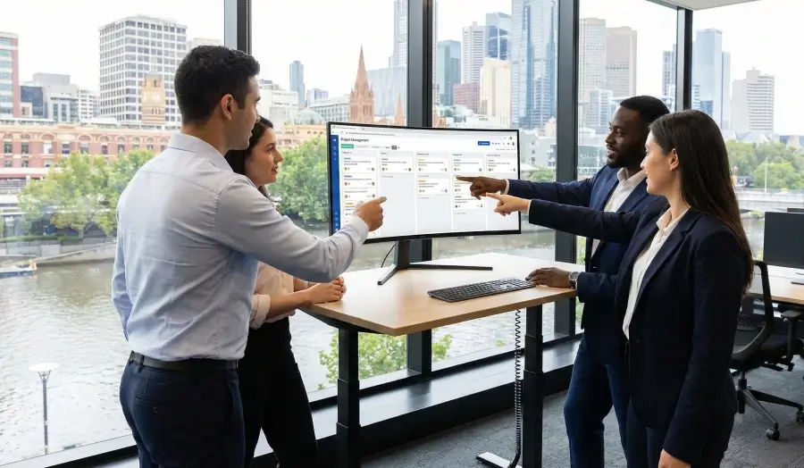 A diverse team of four professionals in a modern office overlooking the Yarra River in Melbourne, Australia, collaborating around a large monitor displaying a project management Kanban board.