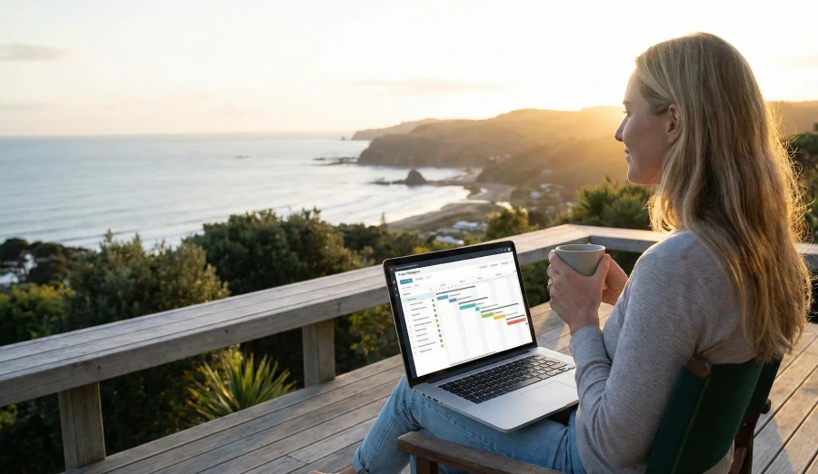 A woman sitting on a wooden deck overlooking a scenic coastal view at sunset in New Zealand, working on a laptop displaying a project Gantt chart.