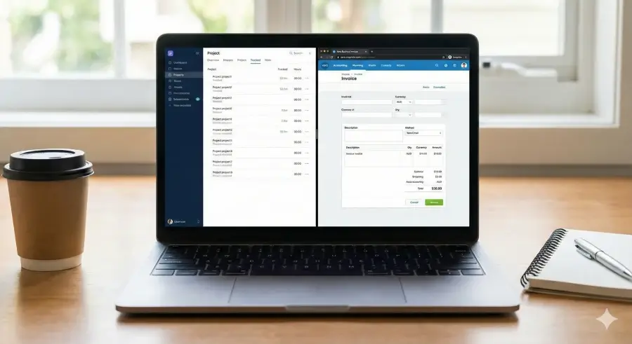 A laptop on a home office desk displaying two open windows side-by-side: a project management tool showing tracked time, and Xero accounting software creating an invoice in AUD.