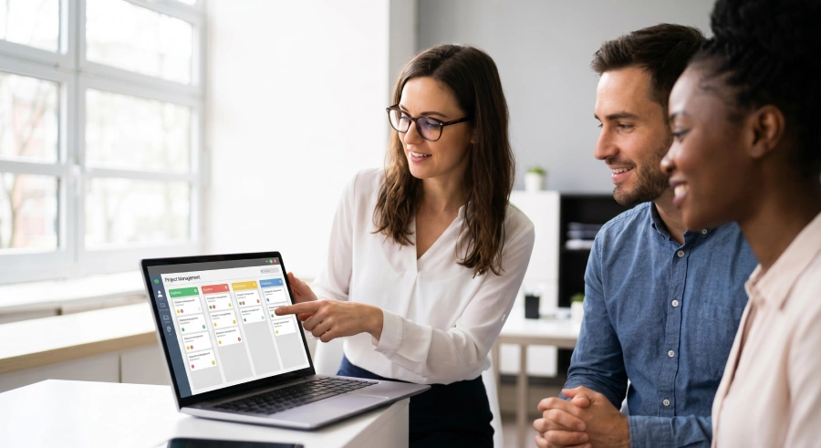 A diverse small business team of small business owners collaborating and pointing at a project dashboard on a laptop in a bright, modern corporate office.