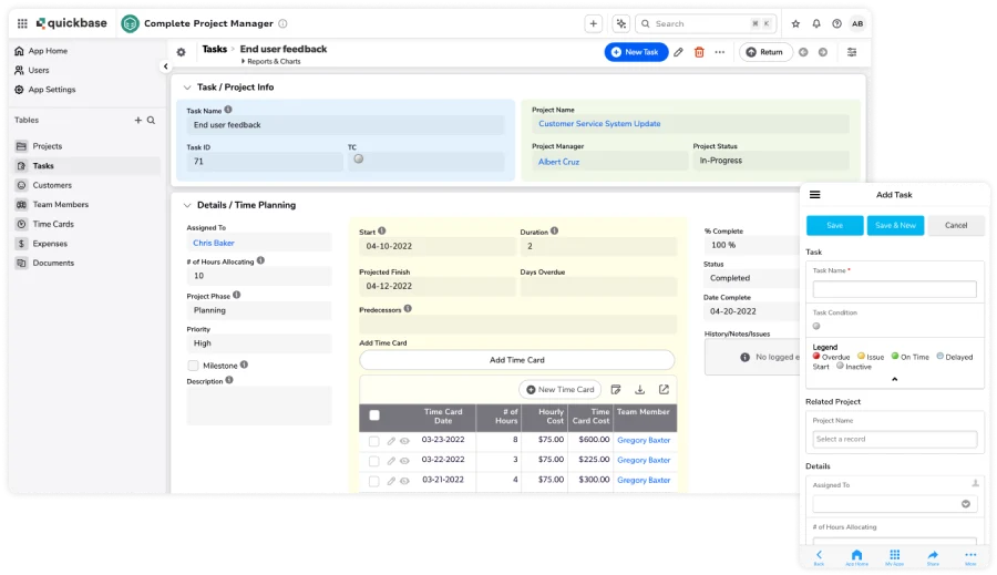 Quickbase Complete Project Manager app showing a task record for End user feedback on the Customer Service System Update project, with time card entries, hourly costs, completion percentage, and an Add Task panel on the right