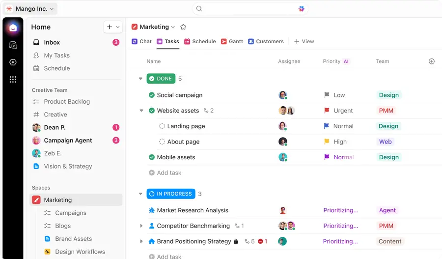 ClickUp Projects view for Mango Inc. showing the Marketing workspace with tasks grouped by DONE and IN PROGRESS status, including Social campaign, Website assets, and Brand Positioning Strategy with assignees, priority flags, and team labels