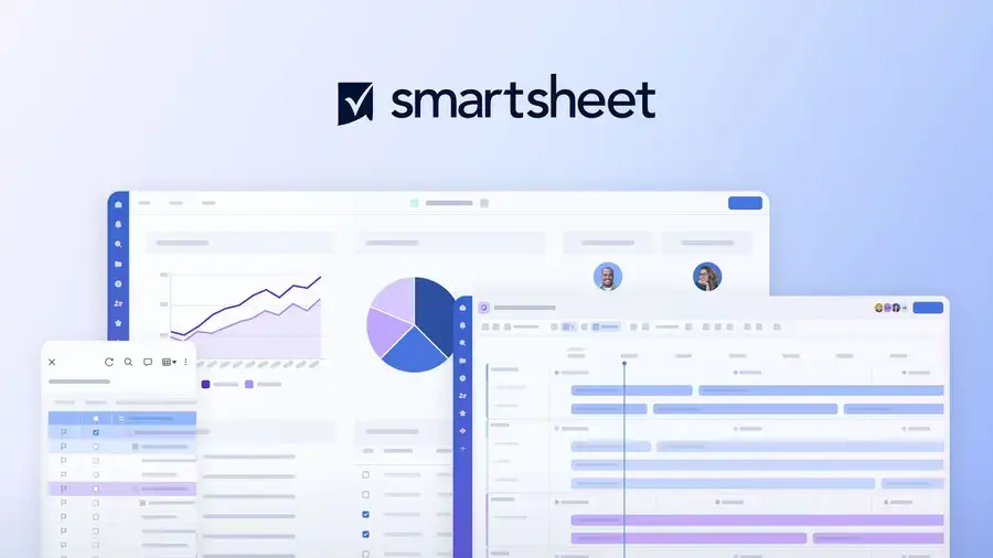 Smartsheet platform collage showing a spreadsheet grid view, a line chart, a pie chart, and a Gantt timeline view with team member avatars, illustrating its multi-view work management capabilities