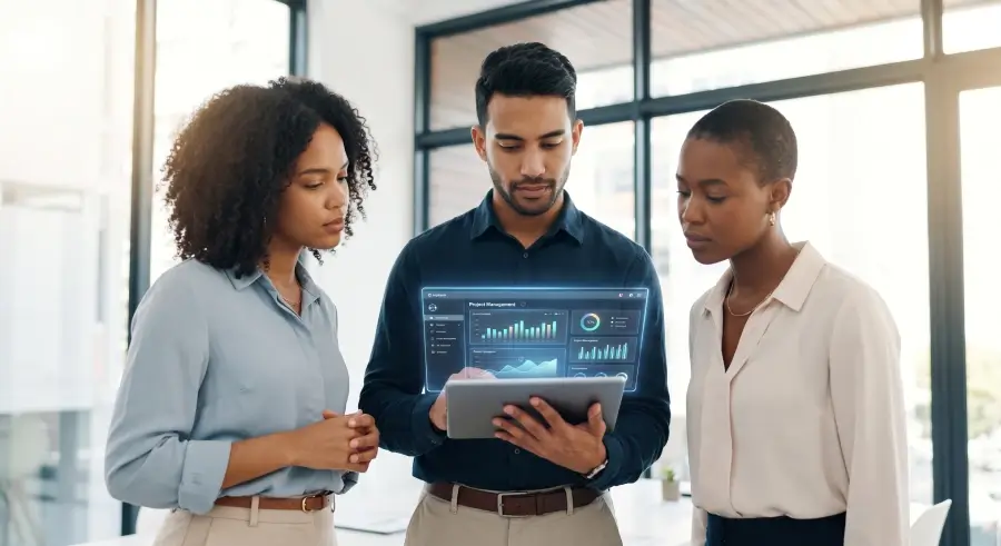 A diverse group of three professionals in a modern, naturally lit office environment collaborate while looking intently at a tablet screen displaying a Project Management data dashboard with semi-transparent chart overlays. The central man holds the device as the team analyzes metrics.