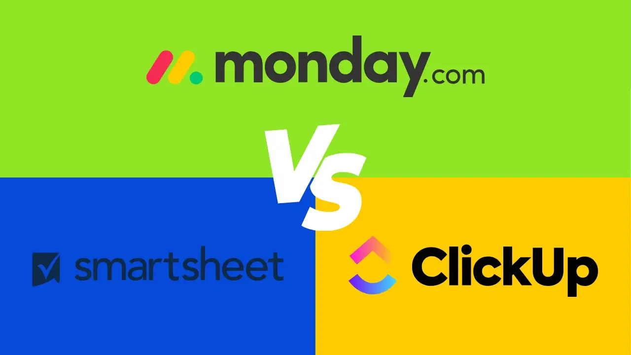 A split-screen comparison graphic featuring the monday.com logo on a green upper half, the Smartsheet logo on a blue bottom-left quadrant, and the ClickUp logo on a yellow bottom-right quadrant, with a large white "Vs" centered over the intersection.