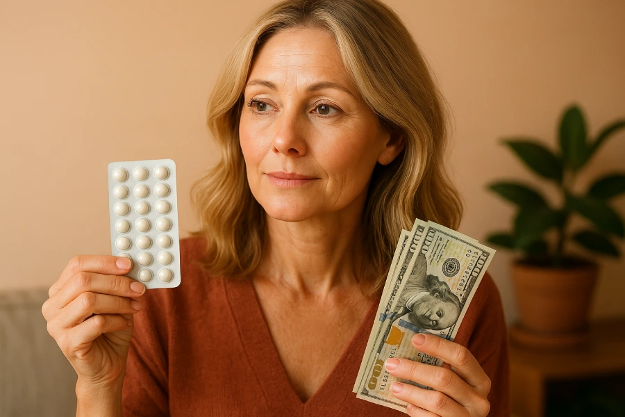 Woman holding dollar bills and pills in the other hand