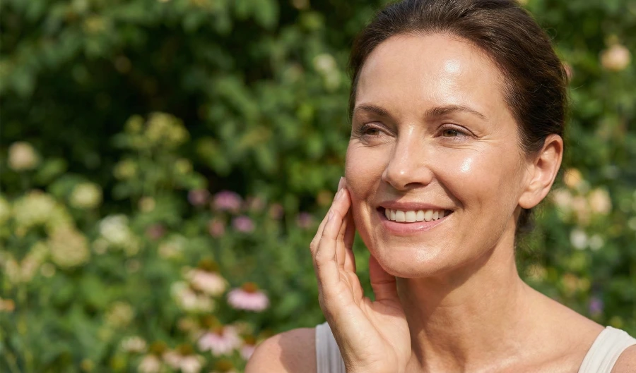 A portrait of a smiling middle-aged woman with a radiant, glowing complexion outdoors, gently touching her cheek, representing the skin vitality and anti-aging benefits of HRT.