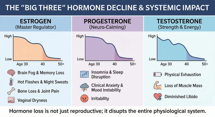 An infographic illustrating the decline of the 'Big Three' hormones—Estrogen, Progesterone, and Testosterone—from age 30 to 50-plus. It maps each hormone's drop to specific systemic symptoms like brain fog, insomnia, and physical exhaustion.
