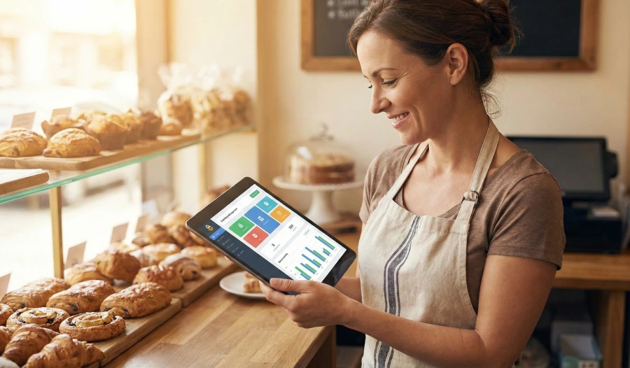 A smiling woman wearing an apron, standing in a bakery in front of shelves of pastries, holding a black tablet displaying a dashboard with charts and graphs.