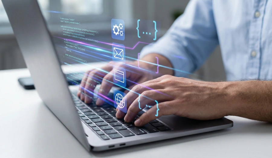 A person's hands typing on a laptop keyboard, with holographic icons representing code brackets, settings, email, a browser window, and a globe floating above the keys.