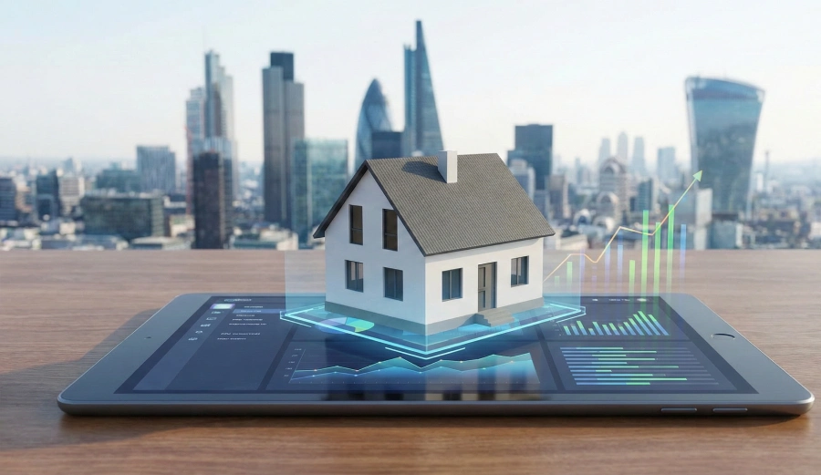 Close-up of a tablet on a wooden desk displaying a real estate analytics dashboard. A 3D holographic projection of a house model and upward-trending financial charts rises from the screen, with a hand holding a stylus nearby.