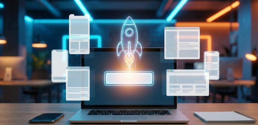 Conceptual illustration of a startup launch: a laptop on a wooden desk has a holographic rocket blasting off from its screen, surrounded by glowing, floating app and website interface mockups in a modern, neon-lit office.